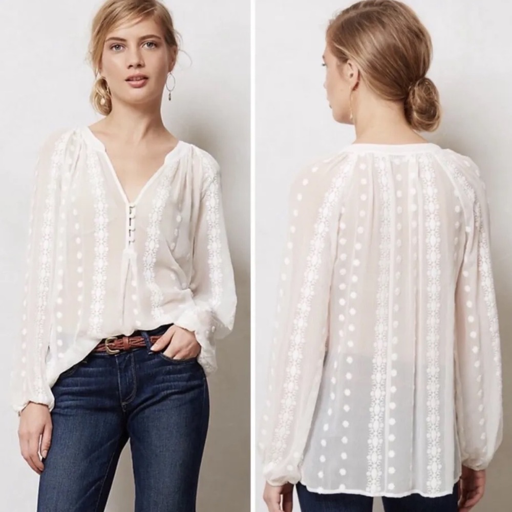 Anthropologie Zoa New York Neve Peasant Ivory Silk Sheer Top Blouse Size L